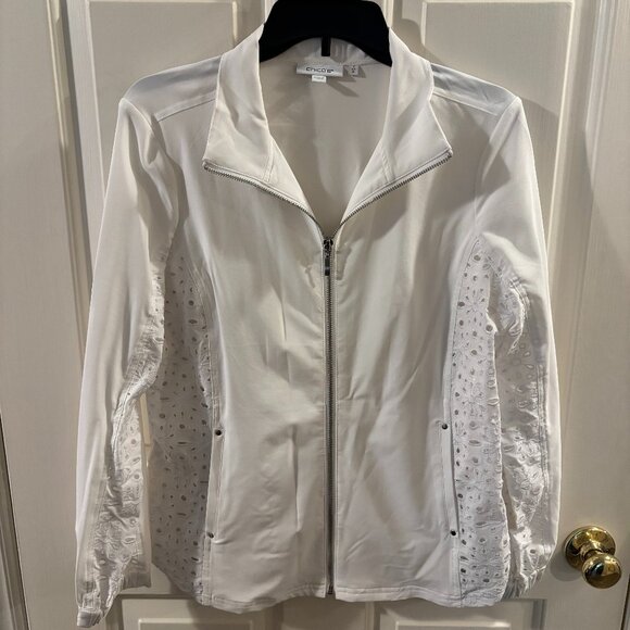 Chico's Women's White Full -Zip Bomber Jacket with Eyelet Detailing ~ Medium (1) - Picture 1 of 5